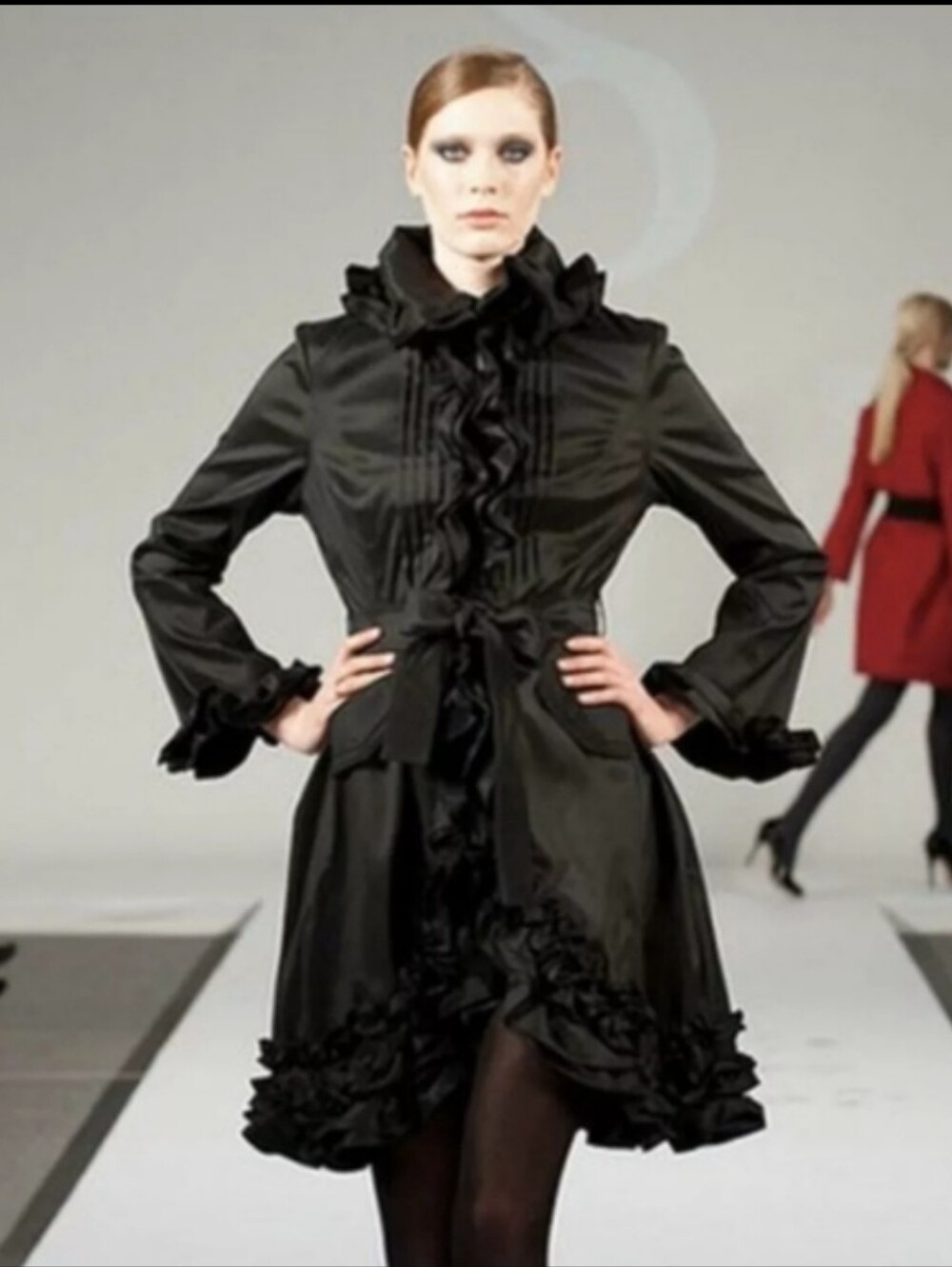Samuel Dong Ruffle Taffeta Trench Coat Dress